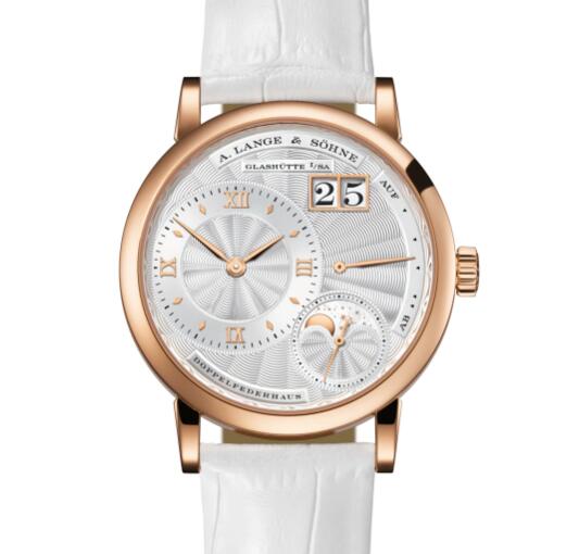 A Lange Sohne LITTLE LANGE 1 MOON PHASE Pink gold with guilloched dial in argenté Replica Watch 182.030 A Lange Sohne LITTLE LANGE 1 MOON PHASE Pink gold with guilloched dial in argenté Replica Watch 182.030