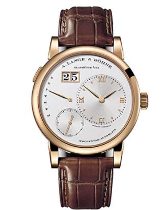 Replica A. Lange & Söhne Lange 1 Daymatic Watch - 39.5mm Pink Gold Case - Silver Dial - Brown Alligator Strap 320.032