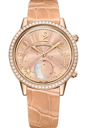 Jaeger-LeCoultre Rendez-Vous Moon Watch - 36 mm Pink Gold Case - Diamond Bezel - Gilt Dial - Pink Leather Strap Replica Watch 3522420