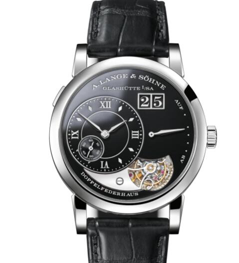 A Lange and Sohne LANGE 1 TOURBILLON HANDWERKSKUNST Platinum with enamelled white-gold dial in black Replica Watch 704.048