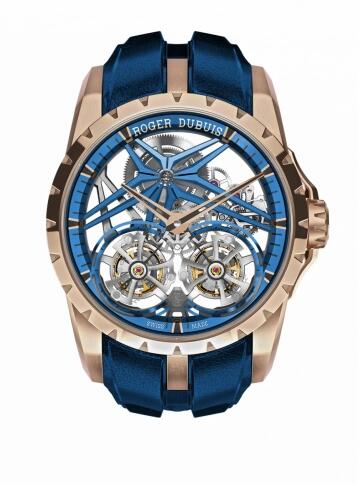 Replica Roger Dubuis Watch Excalibur Double Flying Tourbillon Rose Gold Blue DBEX0945