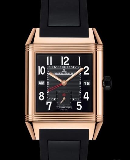 Replica Jaeger Lecoultre Reverso Squadra Hometime Black Q7002672 Pink Gold - Rubber Strap Watch