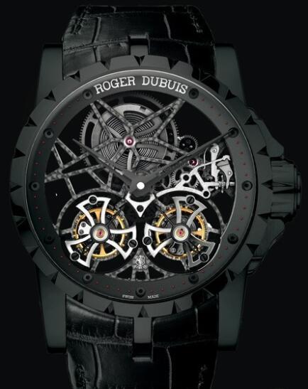 Replica Roger Dubuis Excalibur Double Tourbillon Volant Squelette RDDBEX0364 Watch Black Titanium - Black Alligator Strap