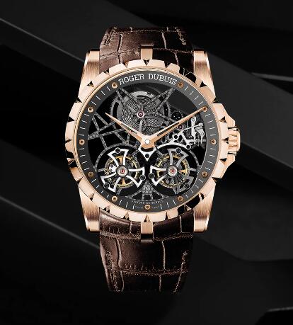 Roger Dubuis Excalibur Skeleton double flying tourbillon RDDBEX0395 Replica Watch Rose gold Flying tourbillon camo strap cover