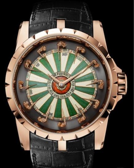 Replica Roger Dubuis Excalibur Table Ronde RDDBEX0398 Watch Pink Gold - Grand Feu Enamel Dial - Alligator Strap