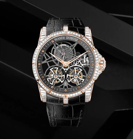 Roger Dubuis Excalibur Skeleton double flying tourbillon Haute Joaillerie RDDBEX0406 Replica Watch Rose gold Flying tourbillon