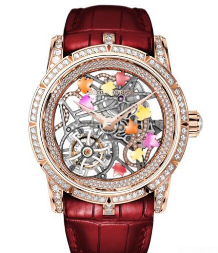 Replica Roger Dubuis Watch Excalibur Brocéliande RDDBEX0474 Pink Gold - Diamonds - Red Alligator Strap