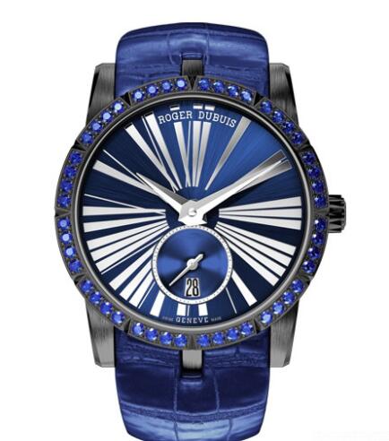 Replica Roger Dubuis Watch Excalibur 36 Automatic RDDBEX0612 DLC Titanium - Blue Sapphires - Strap Alligator
